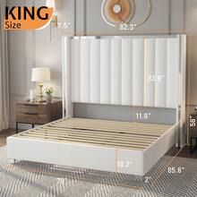 Queen/King Velvet Bed Frame 58 Inch Tall Wingback Headboard Channel Tufted Plating Trim Chrome Legs Modern Bedroom Furniture, White - 白色 - 查看 3