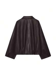 New Vintage Bomber Leather Jacket, Solid Color Casual Zipper Pocket Jacket, Leather Jacket, Regular Fit, Women Winter Jacket - Coffee Brown - View 6