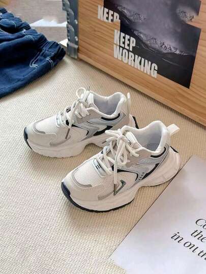 Spring/Autumn Children's Sports Shoes (Run Small, Suggest Sizing Up 1 Size) Children's Mesh Shoes Girls' School Shoes Mesh Patchwork Design Color Block Design Thick-Soled Chunky Sneakers Comfortable & Versatile