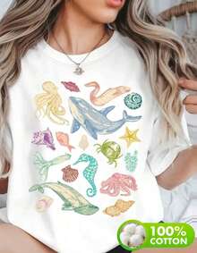 Ropa de mujer de talla grande,Camiseta de mujer de verano con cuello redondo y estampado de vida marina - Blanco - Ver 1