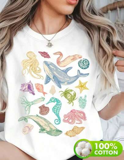 Ropa de mujer de talla grande,Camiseta de mujer de verano con cuello redondo y estampado de vida marina