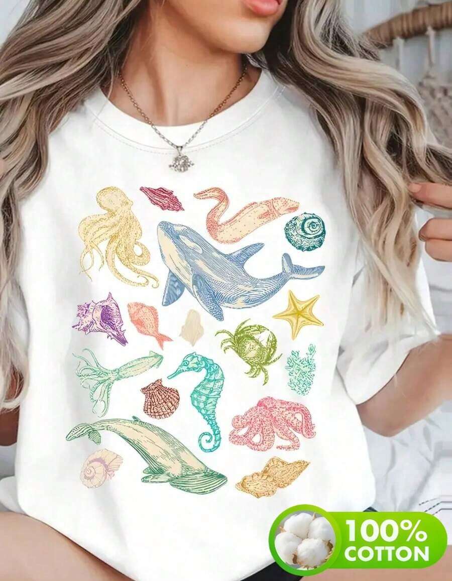 Ropa de mujer de talla grande,Camiseta de mujer de verano con cuello redondo y estampado de vida marina - Blanco - Ver 1