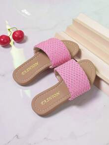 Girls' Pink Diamond Grid Hot Stamping Strap Slide Sandals, Fashionable And Versatile Flat Bottom - Hot Pink - View 5