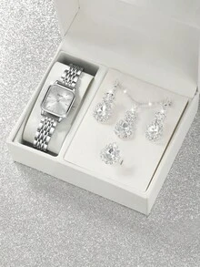 Women's Watch Set, Fashionable And Classic Bracelet Watch, Square Dial, Elegant Square Dial Classic Luxury Quartz Watch, Retro Quartz Watch, Includes Necklace, Earrings And Ring, Suitable For Everyday Wear, Birthday, Women's Gift, Anniversary, Thanksgiving Friday, Year-End , Cyber ​​Monday, Halloween And Other Holiday Gifts, Suitable For Everyday Wear And Gifting (Watch Box Not Included). - Multicolor - View 1