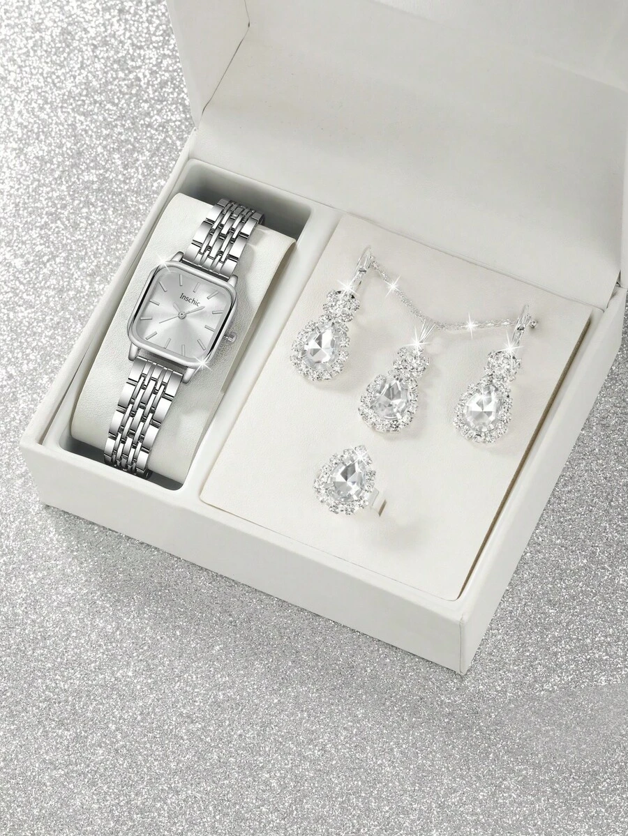 Women's Watch Set, Fashionable And Classic Bracelet Watch, Square Dial, Elegant Square Dial Classic Luxury Quartz Watch, Retro Quartz Watch, Includes Necklace, Earrings And Ring, Suitable For Everyday Wear, Birthday, Women's Gift, Anniversary, Thanksgiving Friday, Year-End , Cyber ​​Monday, Halloween And Other Holiday Gifts, Suitable For Everyday Wear And Gifting (Watch Box Not Included). - Multicolor - View 1