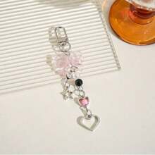 Fashionable Y2K Style Heart & Pink Bead Bow Tie Decorated Rope Door Clasp Cell Phone Strap Keyring Pendant, Black Beaded Keychain With Hollow Star Keyring, Decorative Cell Phone & Key Holder