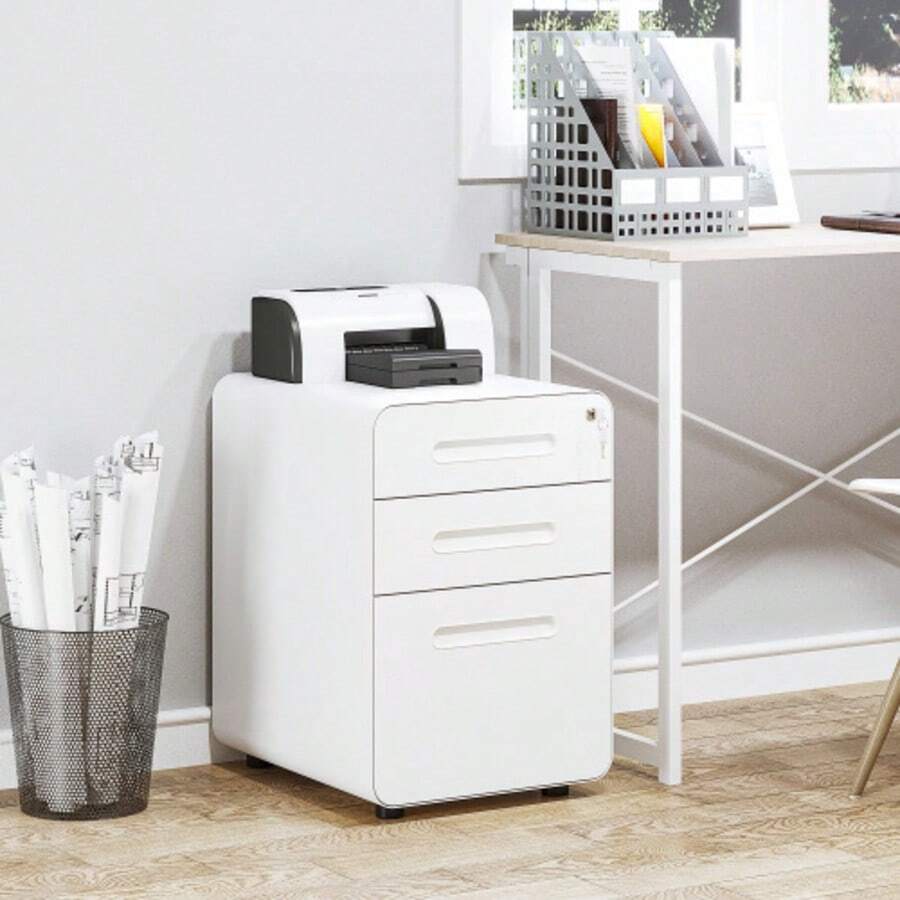 Vinsetto Rolling Container, Filing Cabinet, Office Container With 3 Drawers, Steel, White, 39x48x59cm