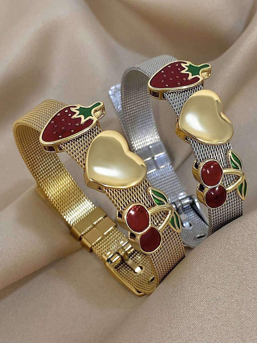 1条金色网状手链，饰有珐琅草莓和樱桃吊坠 - 甜美水果设计，可爱饰品，适合日常夏季时尚造型，男女皆宜，情人节礼物 - 彩色 - 查看 1