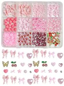 1 Box zufällig gemischte ABS rosa Schleifen Nagel Dekoration, 3D herzförmige Strass rosa Perlen, geeignet für Valentinstag Partys, Nail Art Zubehör DIY - Verschiedenfarbig - Übersicht 7