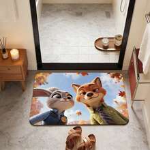 迪士尼疯狂动物城防滑浴室垫，印有可爱的卡通人物尼克和朱迪，速干吸水硅胶软垫，防滑硅胶材质，易于清洁，适用于浴室和玄关，疯狂动物城主题家居装饰，也适用于客厅、卧室、瑜伽室、浴室、户外地毯、门垫，夏季必备家居装饰品 - 彩色 - 查看 3