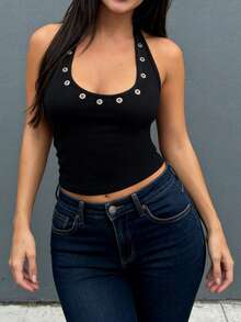 Áo crop top hở lưng cổ yếm dành cho nữ có chi tiết lỗ xỏ dây, vải dệt kim màu đen co giãn cao, kiểu dáng ôm sát gấu thông thường - màu đen - Xem 4