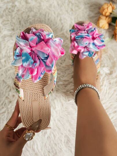 Sandalias de mujer con decoración floral efecto tie-dye, sandalias planas con rayas de colores, zapatos de suela de cuerda para playa y vacaciones de verano, esencial casual para viajar