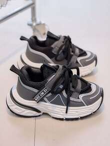 1双男女通用透气网面平底运动鞋，软底防滑休闲童鞋，时尚百搭儿童厚底鞋，适合春秋季穿着 - 黑色 - 查看 3