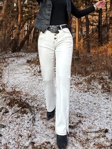 女士高腰白色直筒牛仔牛仔裤，前扣设计，休闲时尚 - 白色 - 查看 1