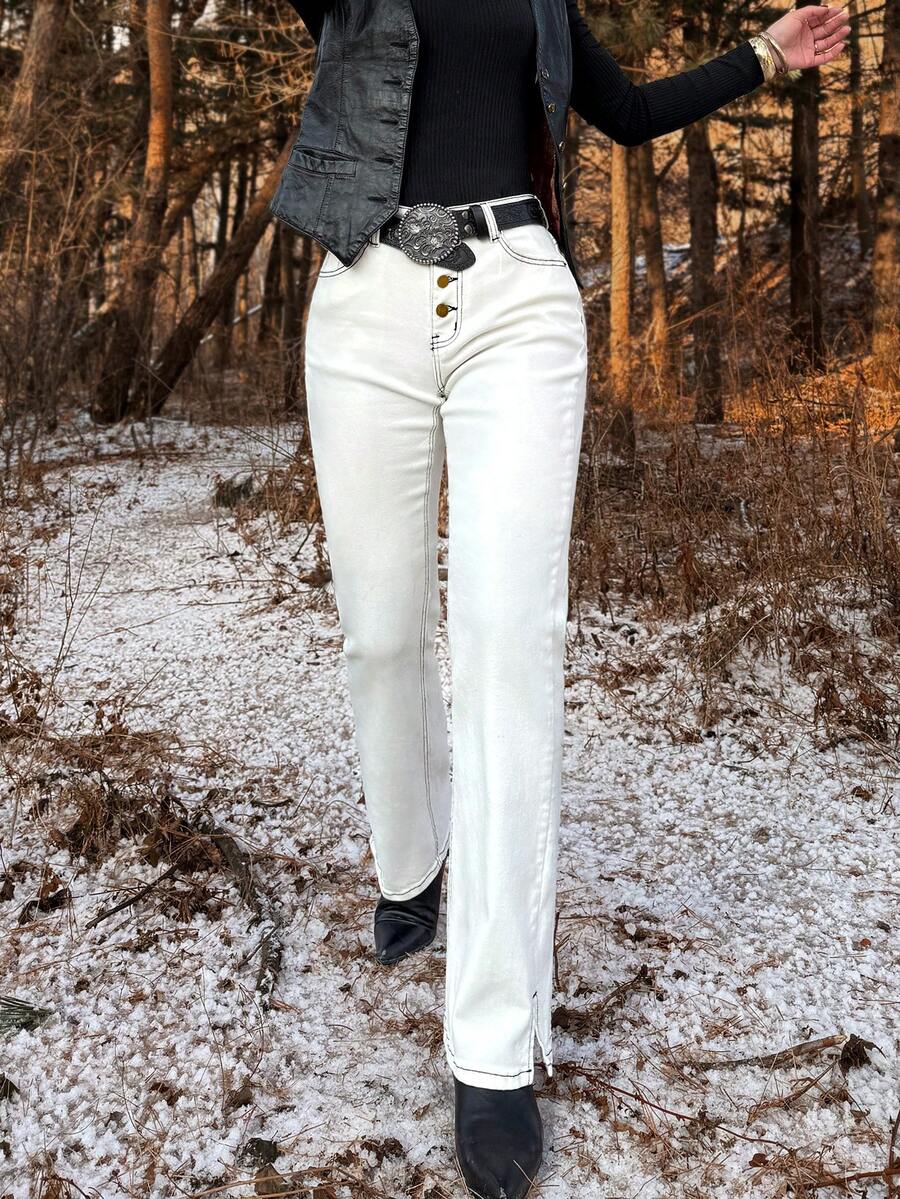 女士高腰白色直筒牛仔牛仔裤，前扣设计，休闲时尚 - 白色 - 查看 1