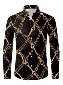 Spring & Autumn New Men's Fashion Gold Chain Print Lapel Slim Fit Long Sleeve Shirt - Soft & Stretchy Polyester Fabric, Casual & Sporty Loose Fit - Black - View 6