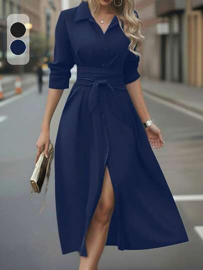 Vestido elegante de longitud media con abertura lateral, adecuado para Año Nuevo, trabajo, fiesta, viajes y uso diario, primavera/otoño