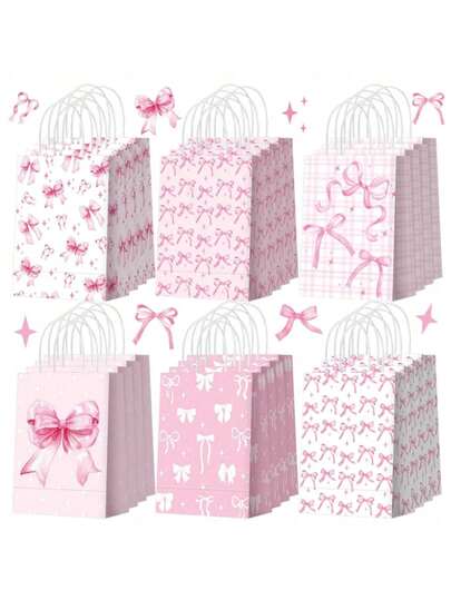 6/12Pcs Pink Bow Paper Gift Bags, Party Favor Bags, BabyShower Goodie Bags, Pink Goodie Bags, Small Kraft Paper Bags-Adorable Bow Design, Reusable Kraft Paper For Wedding Candy Birthday&Bachelorette Party Decoration