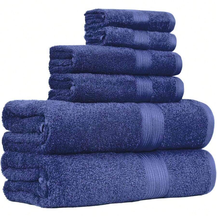 Basics 6 Piece Oversized Fade resistant Towel set, 100% Cotton towels for bathroom, soft and absorbent, 2 Bath Towels, 2 Hand Towels and 2 Washcloths bathroom towel set, White - Azul marino - Ver 1