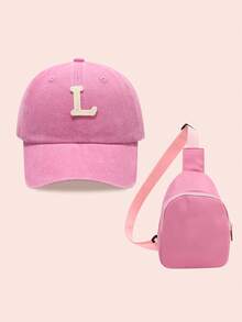 2pcs/Set Girls Letter Print Pink Baseball Cap & Bag, Boys Breathable Casual Wear Outfit For Everyday & Outdoor