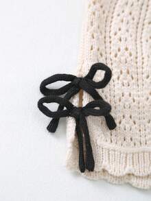 年轻女孩宽松针织V领背心，带侧蝴蝶结细节，春夏休闲风格 - 米色 - 查看 4