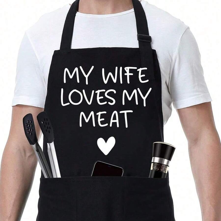 Fun Apron, Adjustable Shoulder Strap Kitchen Apron, Suitable Male And Female Chefs, Kitchen Apron With Practical Pockets, Suitable BBQ Kitchen Cooking, Suitable Everyone To Wear, Father's, Mother's, Father's Day, Mother's Day, Thanksgiving, - Black - View 1