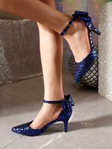 Zapatos de tacón alto con punta puntiaguda y tira de satén con lazo, color azul marino, para primavera/otoño - azul real - Ver 5