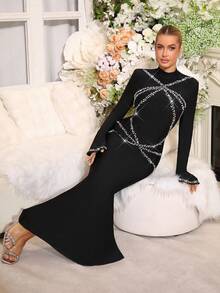 Modphy New Sexy Black Round Neck Bell Sleeve Rhinestone Decor Bodycon Bandage Maxi Dress, Fashion Party Formal Evening Gown - Black - View 8