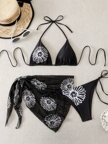 Women's Floral Print Elegant Cute Sexy Twist Back Tie Bikini Set, Beach Vacation - Black - View 6
