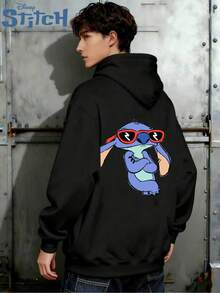 Sweat à capuche imprimé Stitch de la série Disney, sweat à capuche ample à manches longues et cordon de serrage pour hommes, sweat à capuche imprimé Disney pour l'automne/l'hiver - Noir - Voir 5