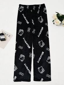 SANRIO Cartoon Flannel Pajama Pants, Thickened Fleece, Anime Style Women's Sleepwear, Couples' Loungewear, Casual Home Wear, Ideal For Sleeping Or Relaxing In Autumn/Winter, Holiday Gift, Birthday Gift, Back To School Gift, New Year Gift - Black - View 2