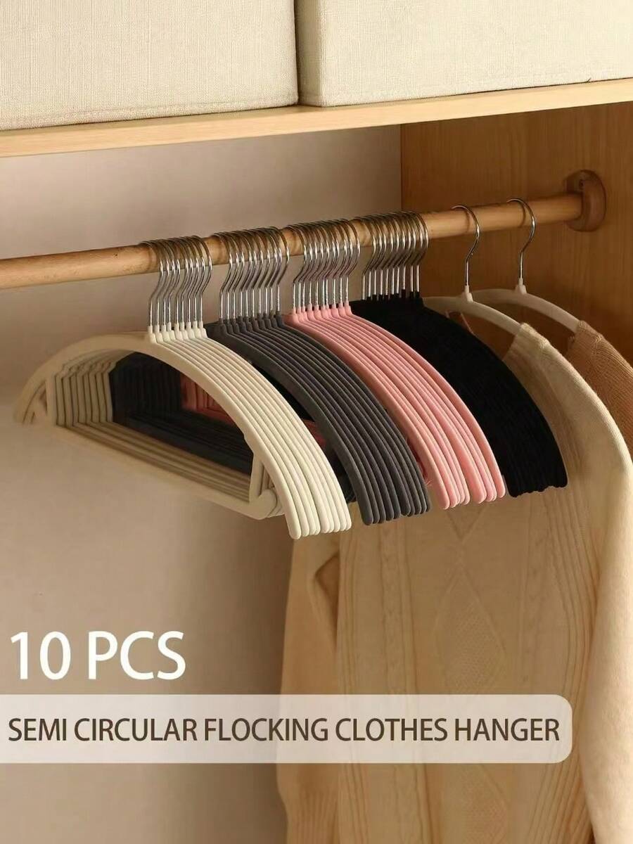 10个植绒衣架，家用，防滑无缝，半圆形设计，专为整理衣物而设计 - 彩色 - 查看 1
