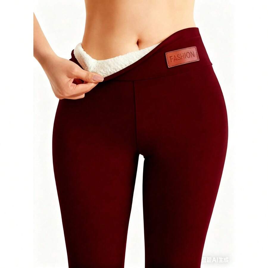 Autumn/Winter Thermal Lined Leggings, Casual High Waist Skinny Pants, Elastic Sherpa Skinny Yoga Pants, Warm & Comfortable - Màu Đỏ Sâu - Xem 1