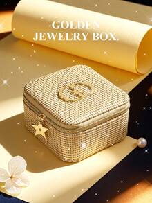 Dior Caja de joyería cuadrada con accesorios de metal con estrella y espejo, totalmente cubierta de rhinestones en un elegante color dorado champán, ideal como regalo festivo o para almacenamiento diario de maquillaje y joyas, para todo el año - Dorado - Ver 1
