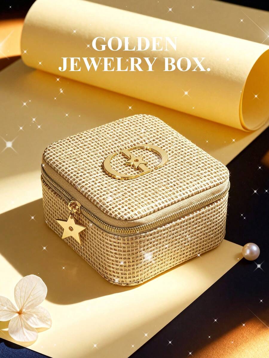 Dior Caja de joyería cuadrada con accesorios de metal con estrella y espejo, totalmente cubierta de rhinestones en un elegante color dorado champán, ideal como regalo festivo o para almacenamiento diario de maquillaje y joyas, para todo el año - Dorado - Ver 1