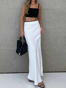 Women's Elegant Casual Color Block High Waist Maxi Skirt, Suitable For Dates White Spring - White - View 5