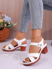 Sandalias de verano de punta abierta, plataforma de madera vintage, tacón grueso y macizo, diseño con hebilla de correa - Blanco - Ver 4