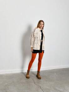 Cream White Jacket With A Drawstring Waist, Multiple Pockets, And Geometric Embroidered Sleeves- MADE IN TURKEY - White - View 6