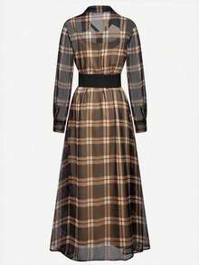 Magic Mia Women's Plaid Shirt Maxi Dress - Long Sleeve Belted Maxi With High Side Slit | Elegant Tartan  Lined Dress For Wedding Guest, Evening Parties & Special Occasions - 棕色 - 查看 3