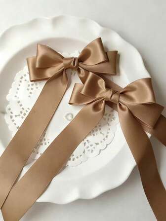 2PCS Solid Khaki Color Satin Large Bow Hair Clip, Elegant Women's Versatile Salon Style Decoration Hair Clip For Wedding Party Holiday Gifts And Daily Wear