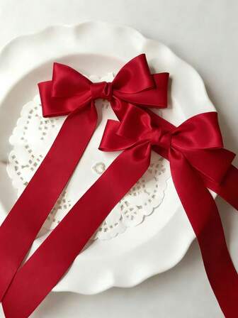 2PCS Solid Red Color Satin Large Bow Hair Clip, Elegant Women's Versatile Salon Style Decoration Hair Clip For Wedding Party Holiday Gifts And Daily Wear