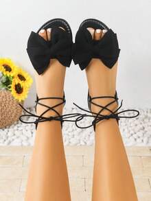 Women's Flat Sandals, Elegant & Fashionable Black Bow Tie Lace-Up Sandals, Lightweight Luxury Ballroom Sexy & Dreamy Flat Sandals, Cute Flat Sandals For Party & Evening - Black - View 1