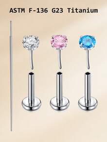 G23 Titanium Alloy Threadless Lip Stud 20g, CZ Gem Embedded Lip Rings, Suitable For Lip, Ear Cartilage Piercing, Available In Pink, Blue CZ, Unisex - Zirconium - View 13