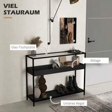 Console Table With 2 Shelves, Hallway Table With Glass Top, Shoe Rack, Steel, Black, 100x30x78 Cm - Black - View 4