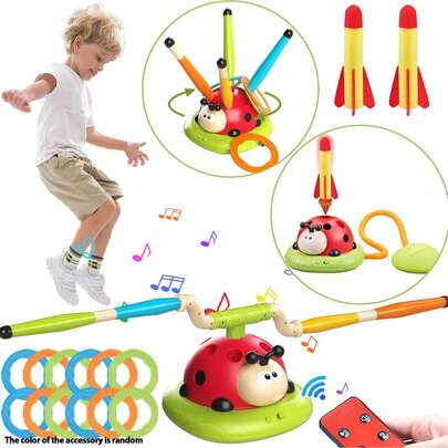 3+ Years Old Kids 3-In-1 Musical Jumping Toy Set - Ladybug Ring Toss And Rocket Launcher With Remote Control, Indoor Outdoor Party Garden Sports Game Gift/Perfect Holiday/Birthday/Christmas/New Year Present