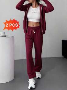 Conjunto de sudadera con capucha y cremallera para mujer -pantalones de pierna ancha, estilo casual y moderno, ideal para múltiples ocasiones. Tela suave y transpirable, diseño con detalles en negro y oro, - Burdeos - Ver 4