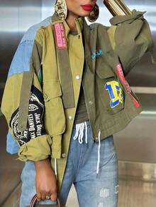 Women's Army Green Denim Panel Letter Print Loose Cargo Jacket - Casual For Daily, Commute, Travel & Outdoor - 軍綠色 - 查看 2
