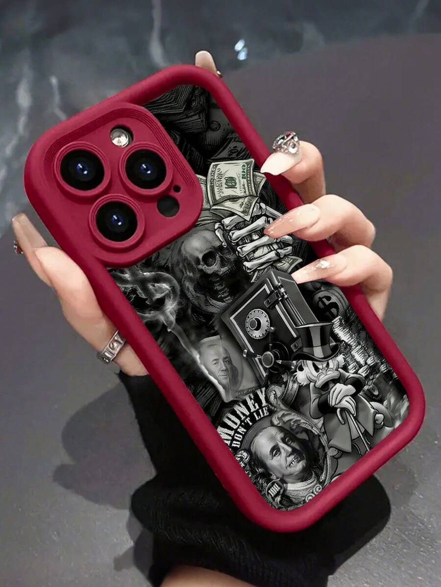 Money Skull Phone Case,Dark Art Style,Phone Case For IPhone 17 Pro Max 17 Air 17Pro 16 15 14 13 12 11 Pro Max,Wealth And Death Gift,Grim Reaper Theme,Dollar Bills Design,Skeleton Hand Shape,Gothic Art Gift Idea,Dark Humor Present,Monochrome Money Art,Vintage Style Skull Art - 紅色 - 查看 1