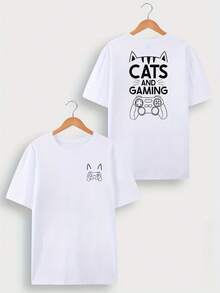 Maglietta grafica "Cats Gaming" , T-shirt da uomo con stampa fronte-retro, alla moda, casual, girocollo, in cotone 220 g/m2 (1 pezzo) - Bianco - Visualizzare 1