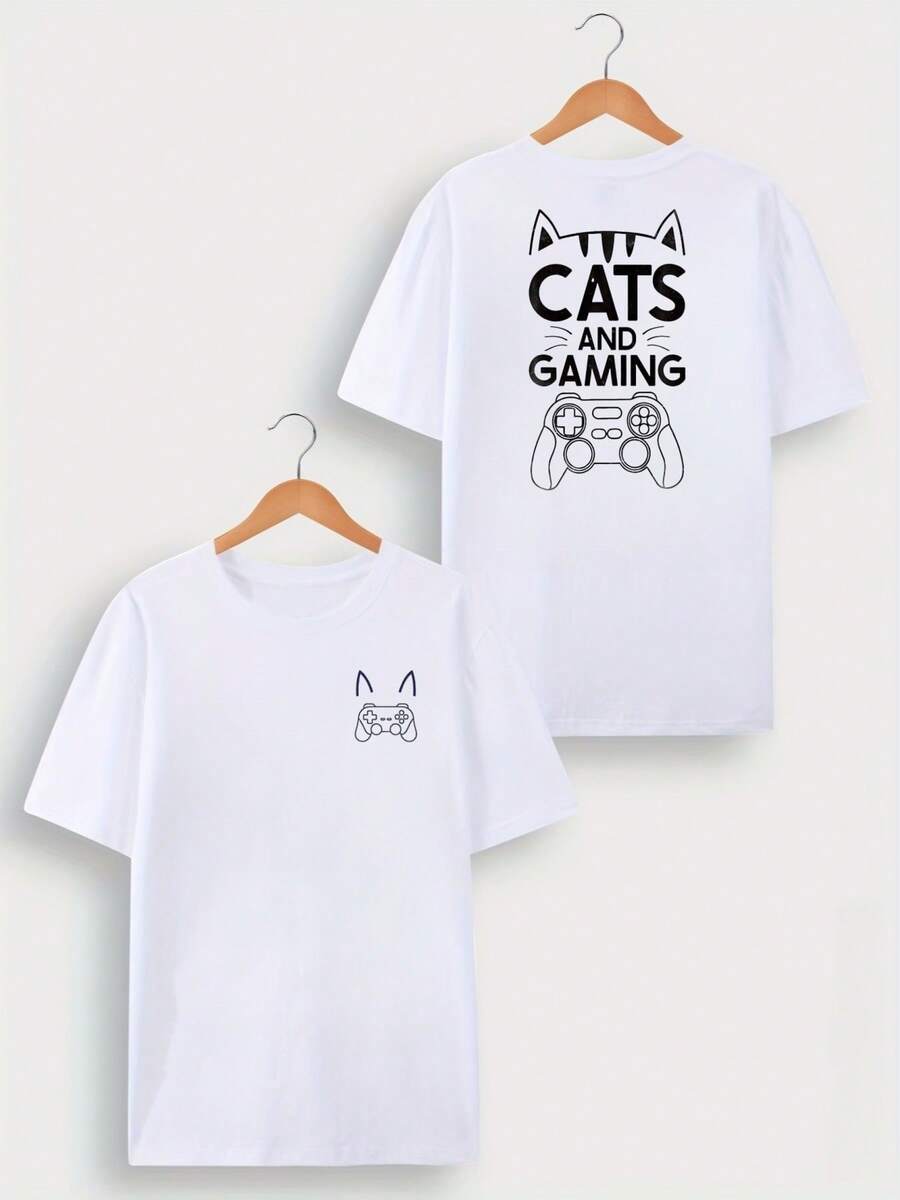 Maglietta grafica "Cats Gaming" , T-shirt da uomo con stampa fronte-retro, alla moda, casual, girocollo, in cotone 220 g/m2 (1 pezzo) - Bianco - Visualizzare 1